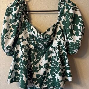 SHEIN Green and White Floral Blouse